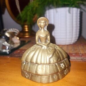 Antique Brass Bell, Southern Belle Lady Crinoline Dress & Bonnet, Vintage